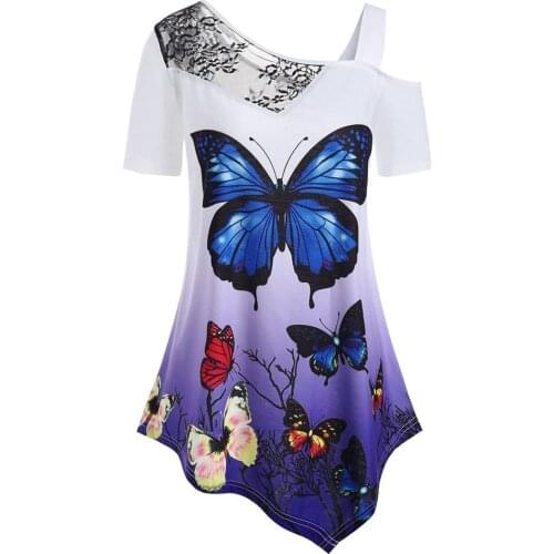 Summer Womens T-Shirt Butterfly Print Lace Off-The-Shoulder Oblique Collar T-Shirt Casual Ladies Short-Sleeved Shirt T-Shirt