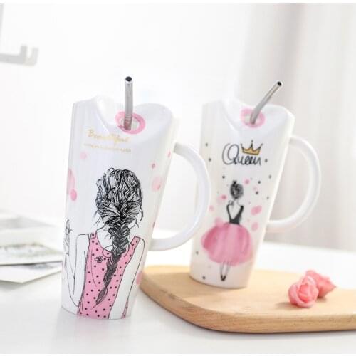 Cute Girl Ceramic Cup 450ml Porcelain Coffee Mug with Straw Women Home Milk Tea Juice Cups Birthday Gift