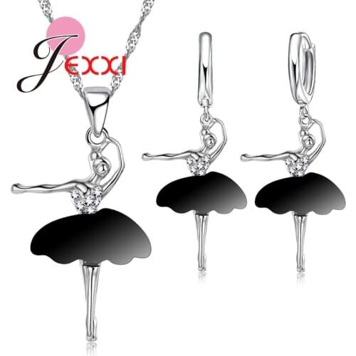 Cute Birthday Gift Woman Silver Black Skirt Dancing Doll Girl Pendant Necklace Earrings Ballet Jewelry Sets