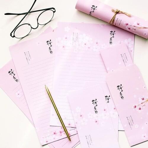 9 Pcs/Set 3 Envelopes+6 Letter Papers Japanese Cherry Blossom Series Letter Envelope Set Gift Stationery