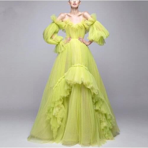 Neon Green Puffy Prom Gowns Flare Sleeve Lush Formal Dresses Tulle Ruffles Party Dresses Off Shoulder vestido longo