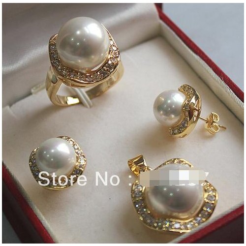 New Mis! Free shipping White South Sea Shell Pearl Ring Pendant Earring Jewelry Set>>> Free shipping