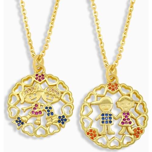 FLOLA Round Boys And Girls Couple Necklace For Women Gold Heart Pendant Necklace CZ Zirconia Jewelry Valentines Day Gift nkeu20