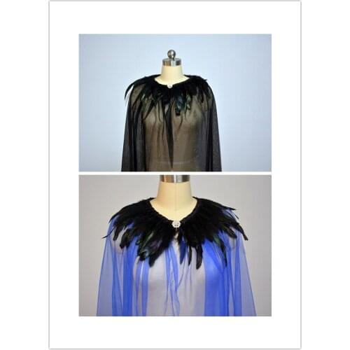 Crystal clasp Evil Queen Cosplay Maleficent Cloak Cape Steampunk Feather Collar tulle Cloak Feather Witch Cape Halloween