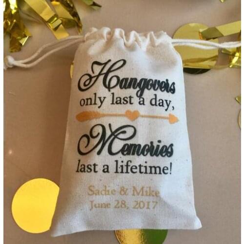Custom only last one day wedding Party first aid Hangover Kit jewelry favor muslin Bags Bachelorette hen bridal shower favors