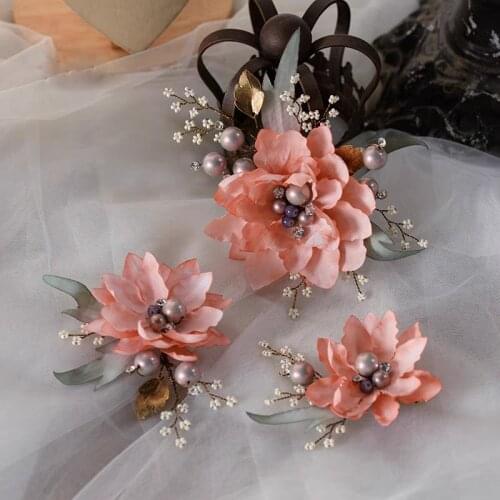 Sweet Pink Flowers Brides Headbands Pearls Wedding Headpieces Hair Accessory Girls Head Wear