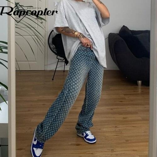 Rapcopter Printed Baggy Jeans y2k Aesthetic Denim Trousers Vintage Korean Style Hot Mom Jeans 90s Cargo Pants Women Streetwear