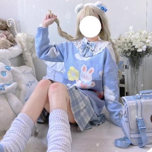 Japanese Kawaii Rabbit Knitting Sweater Women Spring New Sweet Cute Girl Cartoon Print Long Sleeve Loose Vintage Pullover Top