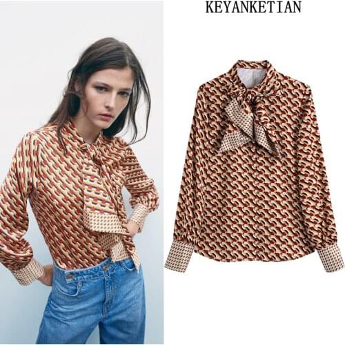 KEYANKETIAN Za 2021 Womens Retro Geometric Pattern Print Bowknot Shirt Long Sleeve Office Ladies Top Blusas Mujer