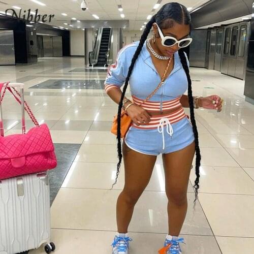 Nibber 2021 Summer New Sportswear Jacket Shorts Two-Piece Splicing Contrast Stripes Womens Sports Leisure Club Clothes Hot