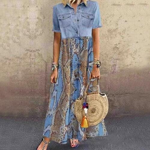 Summer Leopard Print Denim Dress Women 2021 Casual Button Up Pocket Blue Short Sleeve Maxi Dresses Plus Size Long Dresses 4XL