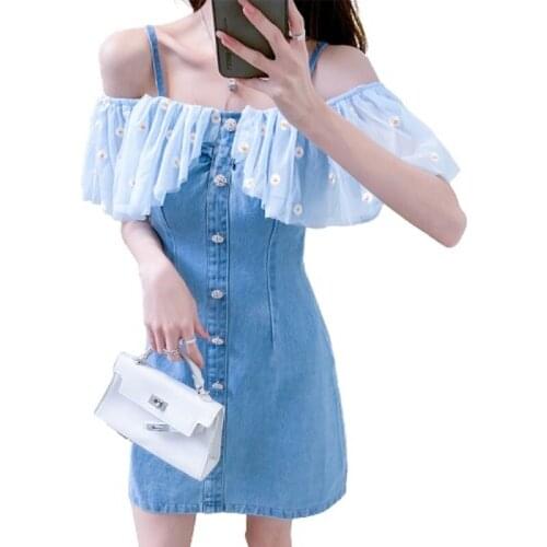PERHAPS U Sweet High Street Mesh Spliced Flower Embroidery Slash Neck Spaghetti Strap Camisole Single Breasted Denim Dress D3064