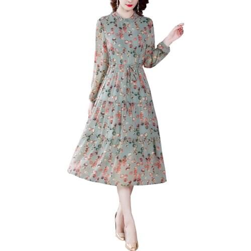 2021 Autumn Chiffon Midi Dress Vintage Long Sleeve Floral Print Boho Bean Paste Green Dresses Women Vestidos FC1417