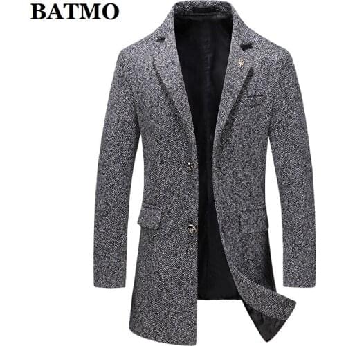 BATMO 2019 new arrival autumn high quality wool casual trench coat men,mens long jackets ,F16