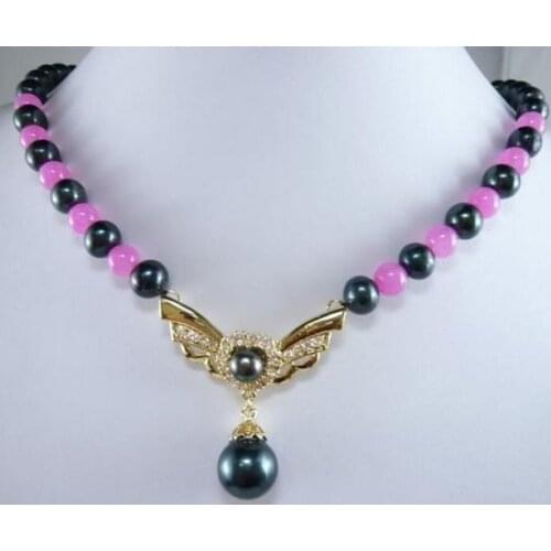 Free shipping Natural Black Akoya Pearl And Pink Alexandrite Gemstone Necklace