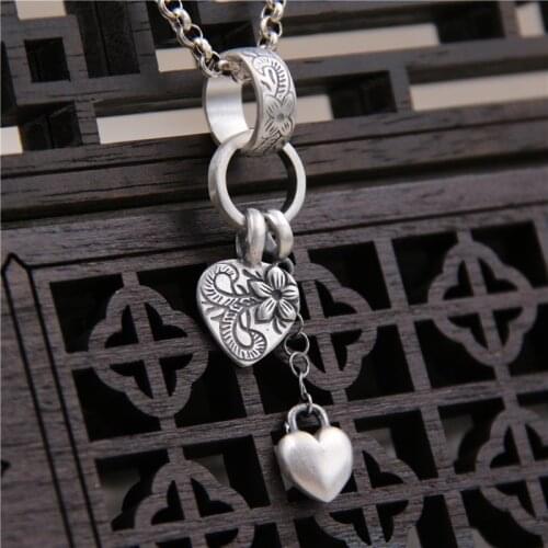 S990 Sterling Silver Sweater Chain Pendant Female Models Retro Thai Silver Heart Tassel Tag Necklace Pendant