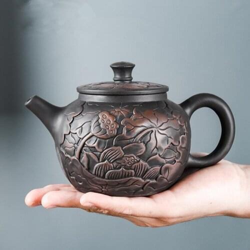 Yixing Purple Clay Teapot Hand Painted Antique Relief Lotus Teapot Large Capacity Household Teapot Kungfu Tea Cup Set