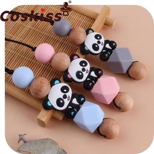 Coskiss Woodens Beads Silicone Beads Cute Panda Toddler Infant Baby Necklace Teething Toys Mom Necklace for Newborn