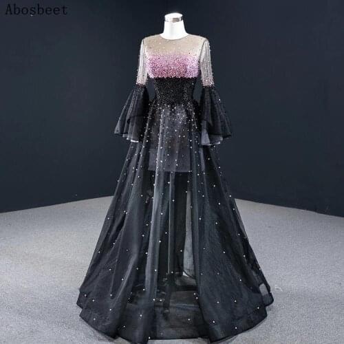 DD JYOY Black A Line Evening Dress Long Sleeve A Line Shining Beading Evening Gown Elegant Formal Women Wear Illusion Gown