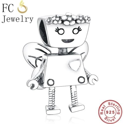 FC Jewelry Fit Original Brand Charm Bracelet Sterling Silver Girl Robot with Flower Butterfly Wing Beads Making Berloque 2019