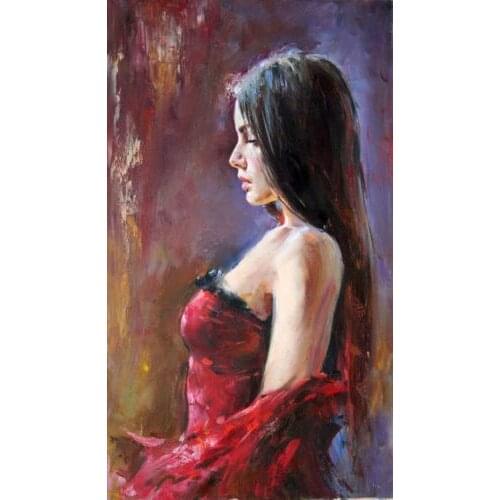 100% Handicrafts oil painting:beautiful young girl in red dress oil painting