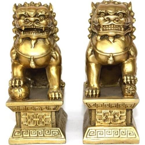 Chinese Brass Copper Statue Foo Dogs Lions Pair A Female on the Talisman of Evil High 11cm
