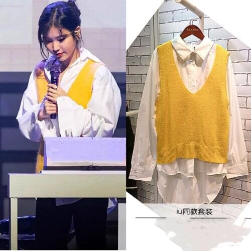 Kpop IU Lee Ji Eun White Loose Full Sleeve Mid-length Shirts Blouses+Yellow Casual V-Neck Knitted Vest Tops Women Two-Piece Sets