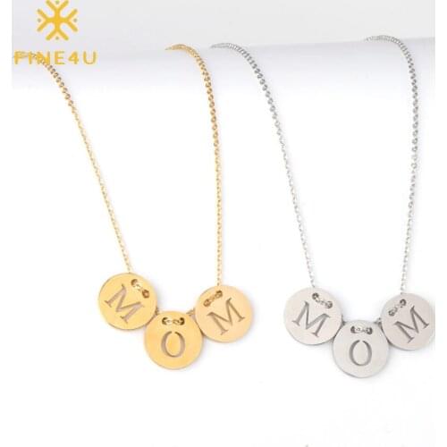 FINE4U N568 Stainless Steel Round Coin Pendant Necklace Hollow Letter MOM for Mothers Day Gift