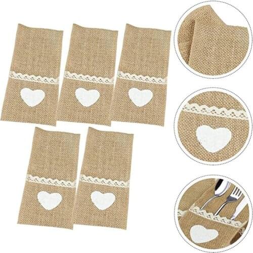 50pcs Lace Burlap Tableware Pouch Heart Pocket Jute Rustic Knife and Fork Bag for Wedding Decoration Party Tableware 4"x8"