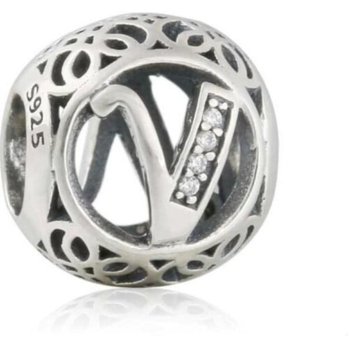 Summer 925-Sterling-Silver Vintage Alphabet Cubic Zirconia Letter V Openwork Charms Beads Fits Pandora bracelets jewelry