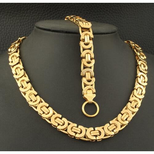 Fashion Link Stainless Steel Gold Color Necklace Bracelet Simple Jewelry Sets SCAZATCI