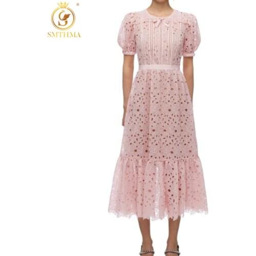 New Arrival High Quality Elegant Lace Hollow Out Dress For Women Short Sleeve High Waist Vintage Summer Dresses Females Clothes