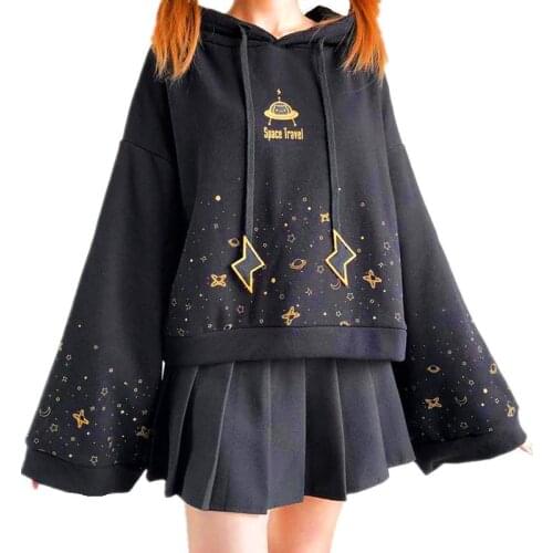 Autumn Women Kawaii Short Hoodie Harajuku Flare Long Sleeve Starry Sky Print Lightning Embroidery Drawstring Hooded Sweatshirt
