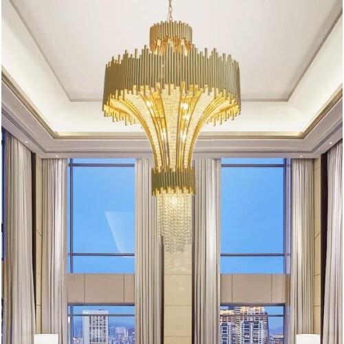 Postmodern Alien Spaceship Hotel Lobby Villa Crystal Large Chandelier French Gold Stainless Steel Rotating Stair Light