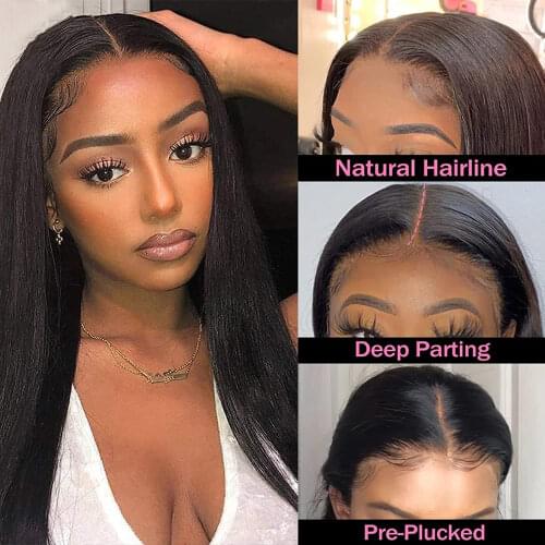 Brazilian Remy Long Straight Bob Lace Part Human Hair Wigs for Black Women T Middle Lace Part Glueless Wigs 18 inch