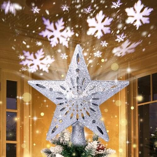 Christmas Tree Topper Decorations Lighted Star Snowflake Projector Built-in LED Lamp Beads Self Rotating 3D Glitter Festival