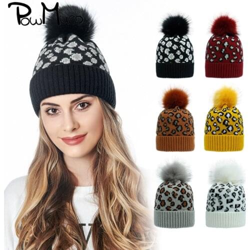 Powmuco Leopard Printed Knitted Woolen Hats Cute Pompom Beanie Lady Autumn Winter Outdoor Sport Warm Caps Women Birthday Gifts