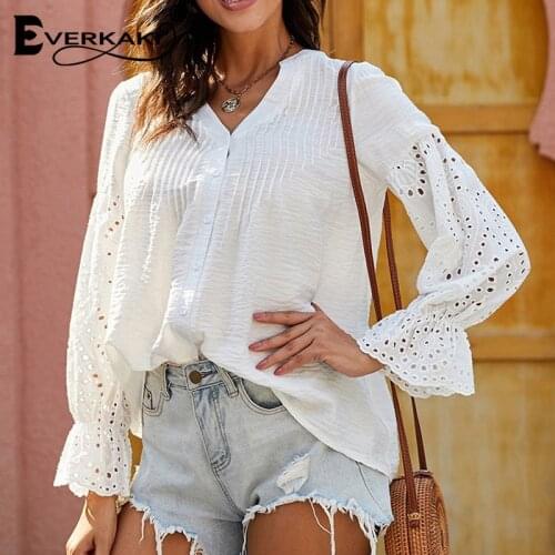 Everkaki Blouses Women Embroidery Hollow Out Patchwork Shirts Cotton Casual Oversize Tops Boho Loose Blouse Female 2021 Summer