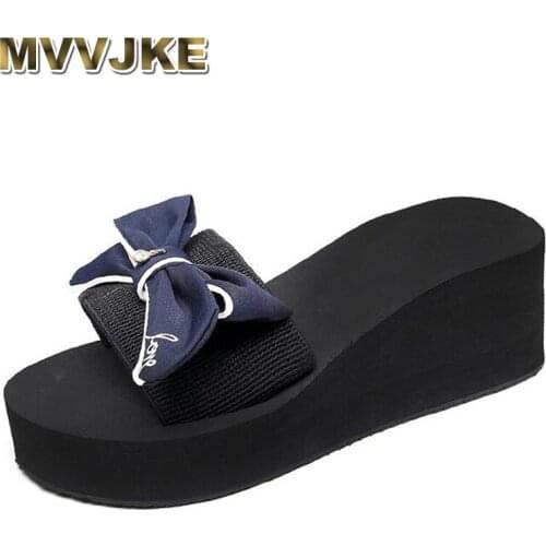 MVVJKE slipper woman women shoes woman word slipper slope ladies flip flops all match beach sandals bow casual shoes