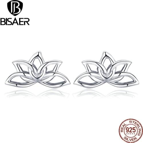 BISAER 925 Sterling Silver Lotus Flower Small Stud Earrings for Women Geometric Shape Wedding Engagement Jewelry EFE024