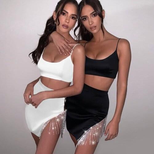 BKLD Glitter Rhinestone Women Fashion Tassel Two Piece Skirt Sets 2020 Summer Matching Sets Sleeveless Sexy Crop Tops+Mini Skirt
