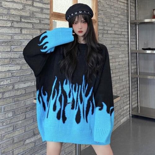 Women Loose Plus Size Flame Color Matching O Neck Knitted Sweater Pullover Tops