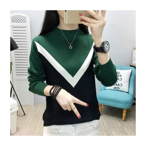 Korean Contrast Color Half Turtleneck Pull Jumpers Women Top Sweaters 2021 Autumn Winter Knit Pullover Sweater
