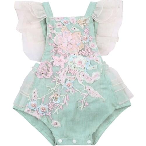 FOCUSNORM 0-24M Baby Girls Princess Bodysuits Ruffles Lace Sleeve Square Collar Floral Embroidery Jumpsuits One-piece