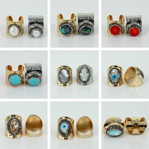Hammered gold black bronze metal shell druzy coral tiger eye stone rhinestone charm resizable open rings cuff for women