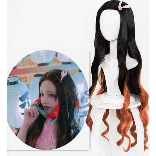 100cm/39" anime Demon Slayer: Kimetsu no Yaiba Kamado Nezuko cos hair long black with orange cosplay costume wigs + Wig Cap