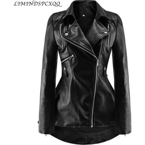 2020 New Autumn Winter Lapel Zipper PU Leather Fit And Flare Jacket Womens Streetwear Slim Irregular Coat Female Chaqueta Mujer