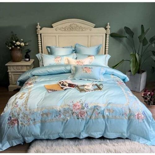 Luxury Embroidered Blue 120S Egyptian cotton Royal Bedding sets Queen King Wedding Duvet cover Bed sheet set Pillowcases 4pcs