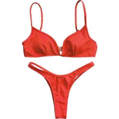 40GC Women Sexy Two Piece Bikini Set Solid Color Push-Up V-Neck Brazilian Bra Triangle Bottoms Swimsuit High Cut Bathing Suit