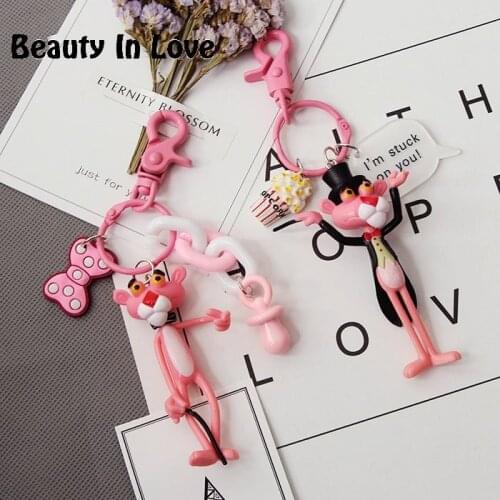Anime Cartoon Pink Panther Leopard Keychain Women Leather Strap Metal Key Ring Chains Car Purse Bag Charm Trinkets Kids D112